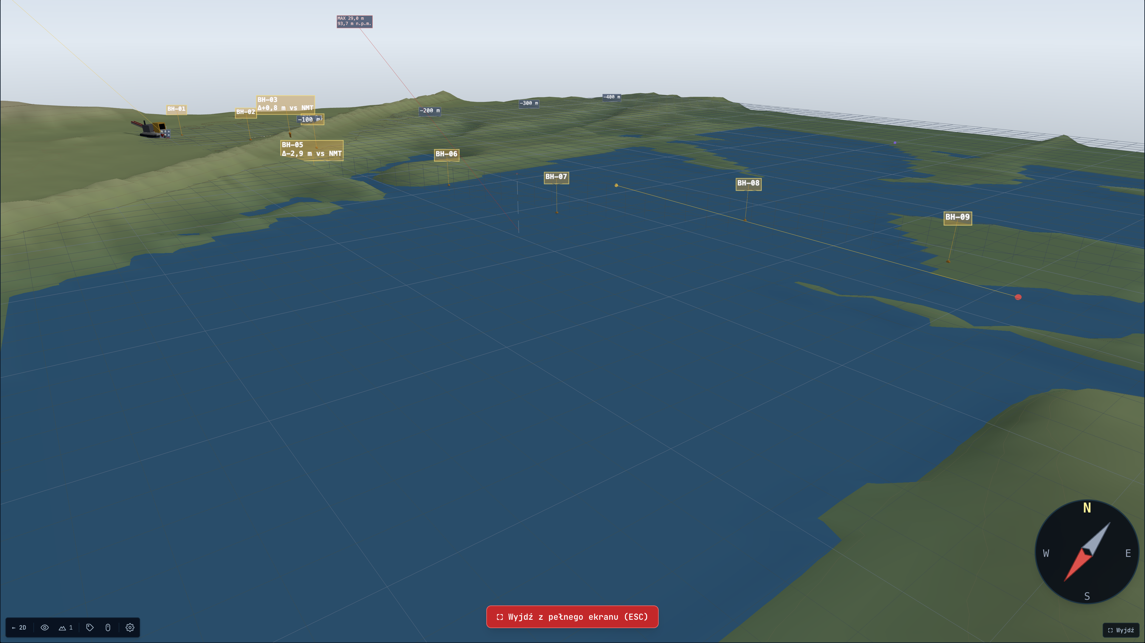 Model 3D przejścia pod Wisłą w HDDSuite: teren, rzeka i otwory geotechniczne