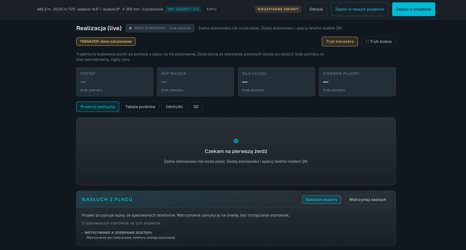 Moduł Realizacja live w HDDSuite: karty postępu, ROP, siły uciągu i ciśnienia z oznaczeniem brak pomiaru, widok oczekiwania na pierwszą żerdź oraz panel Nasłuch z placu z przyciskami Nasłuch otwarty i Wstrzymaj nasłuch