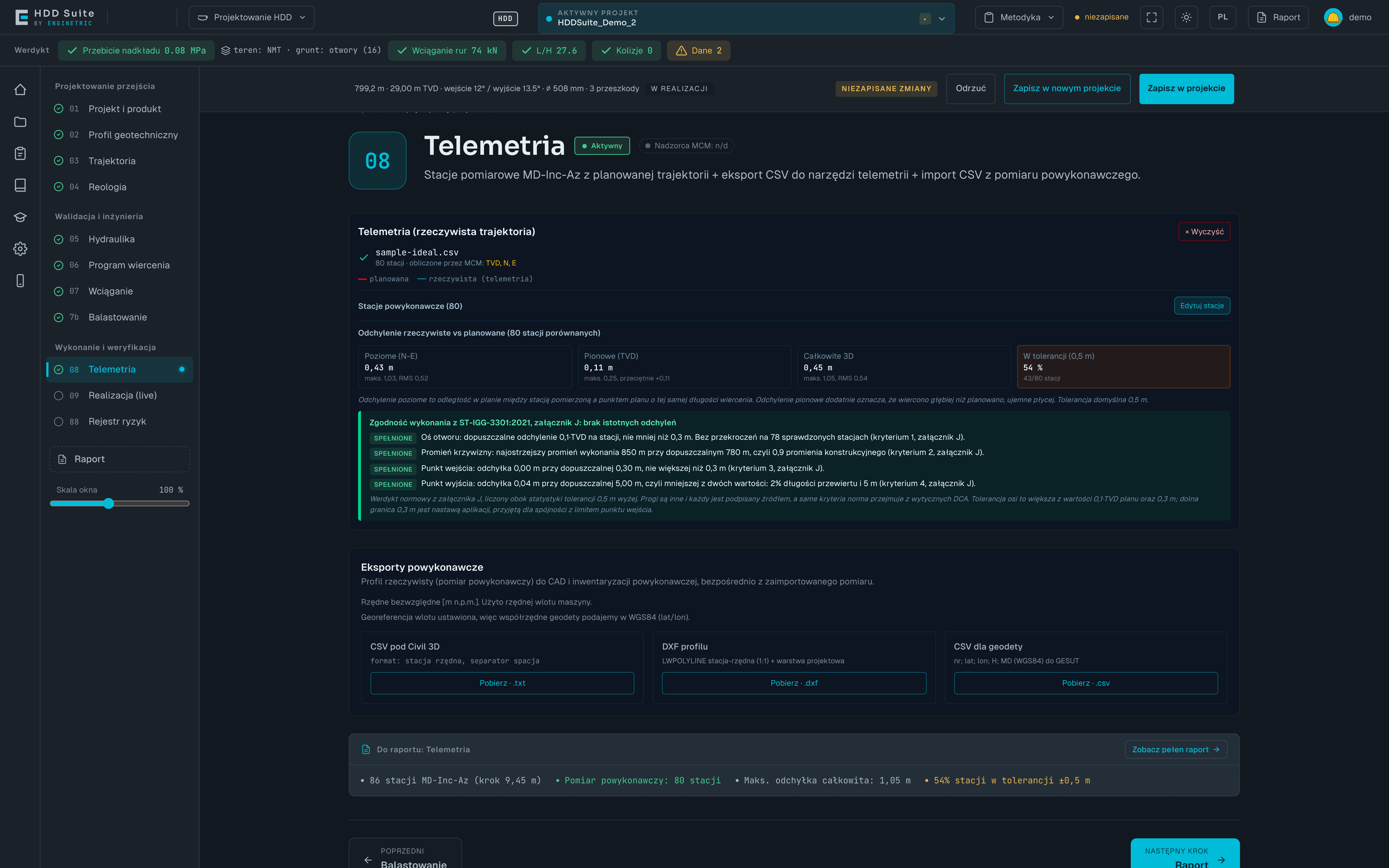 Telemetria w HDDSuite: trajektoria planowana i wykonana oraz zestawienie odchyłek na 80 stacjach demonstracyjnych